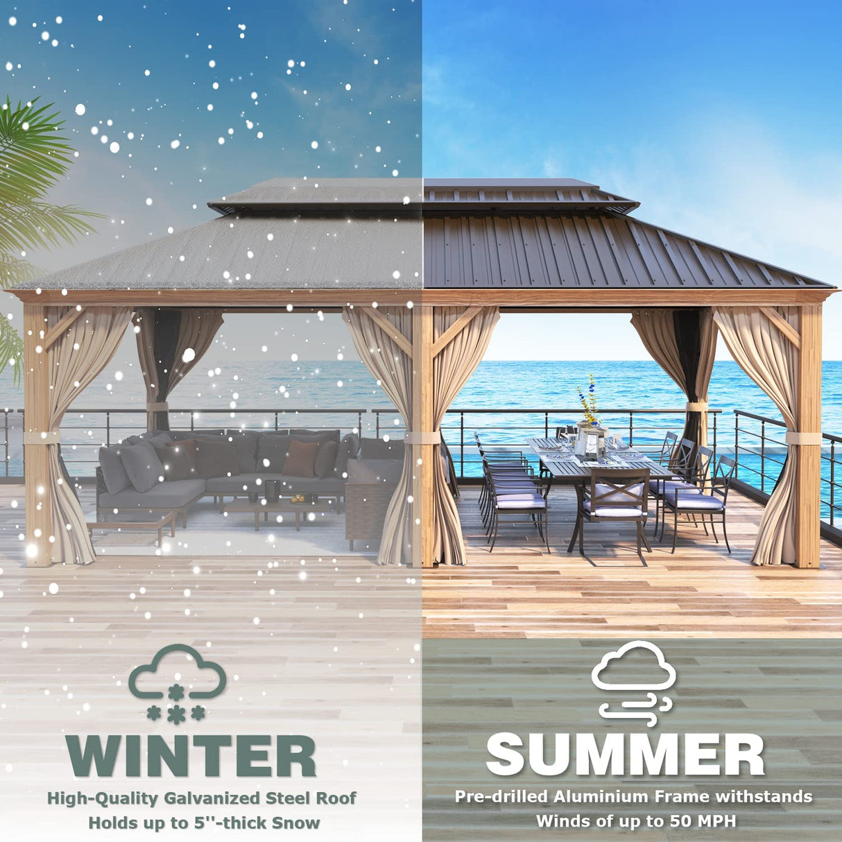 MELLCOM Hardtop Gazebo, 12' x 20' Wooden Finish Coated Aluminum Frame Gazebo with Galvanized Steel Double Roof, Brown Metal Gazebo with Curtains and MELLCOM