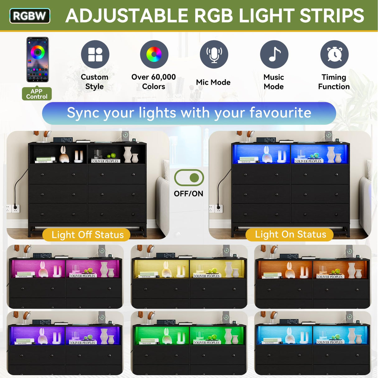 Jojoka Wide Dresser for Bedroom with Charging Station, 6 Drawer Dresser with LED Lights, Modern Large Capacity Storage Cabinet, Wood Dressers & Chests of Drawers Closet,Black Jojoka