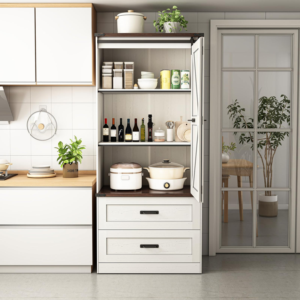 Hlivelood 72" Tall Storage Cabinet with Barn Doors & 2 Drawer, Pantry Cabinet with Adjustable Shelves, Rustic Wood Cupboard for Kitchen, Dining Room, Living Room, White Hlivelood