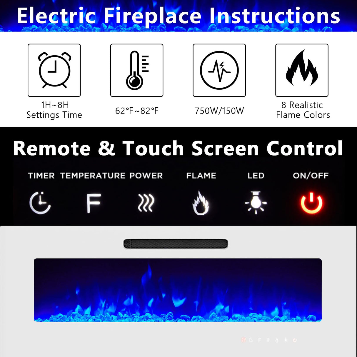 LUXOAK 80" Fireplace TV Stand, Modern High Gloss Finish Media Console with 40" Electric Fireplace, Open Storage Entertainment Center for TVs Up to 90" with LED Lights, Black/White LUXOAK