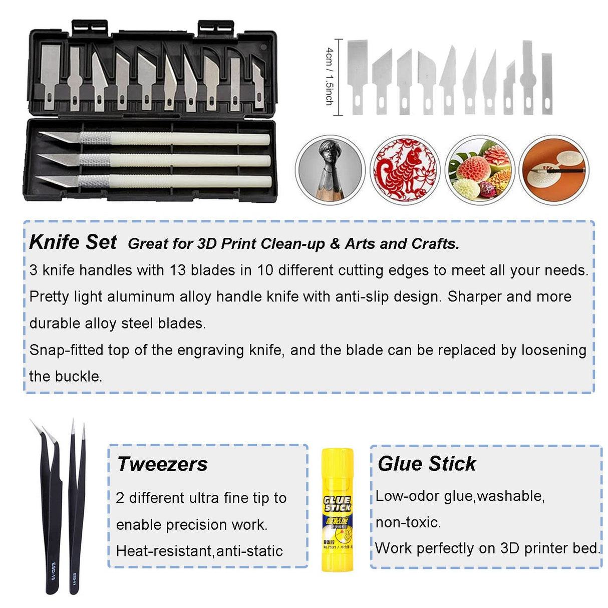 52 Pieces 3D Printer Tool Kit with Deburring Tool Machinist Tools for Resin 3D Printing Includes Needle Files, Blades, Cleaning Needles, Tweezers, Pliers, Cutting Mat and Storage Bag ELITECTK
