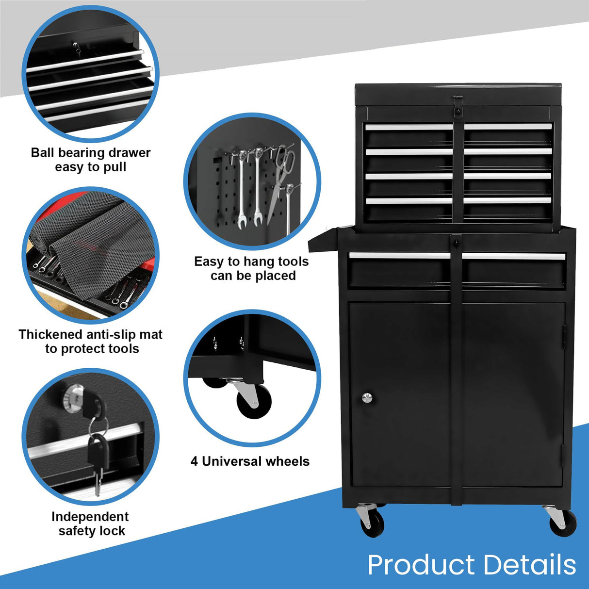 SumKea Wheels, Box, 5 Drawer Rolling Tool Chest and 2 Lockers, Detachable Storage Cabinet, for Garage Warehouse Workshop, Black SumKea