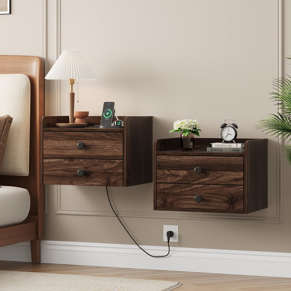 Floating Nightstand Set of 2 with 2 Storage Drawers and Charging Station Wood Wall Mounted Bedside End Table Modern Night Stands Set 2 for Bedroom,Small Space,Brown Walnut Vabches