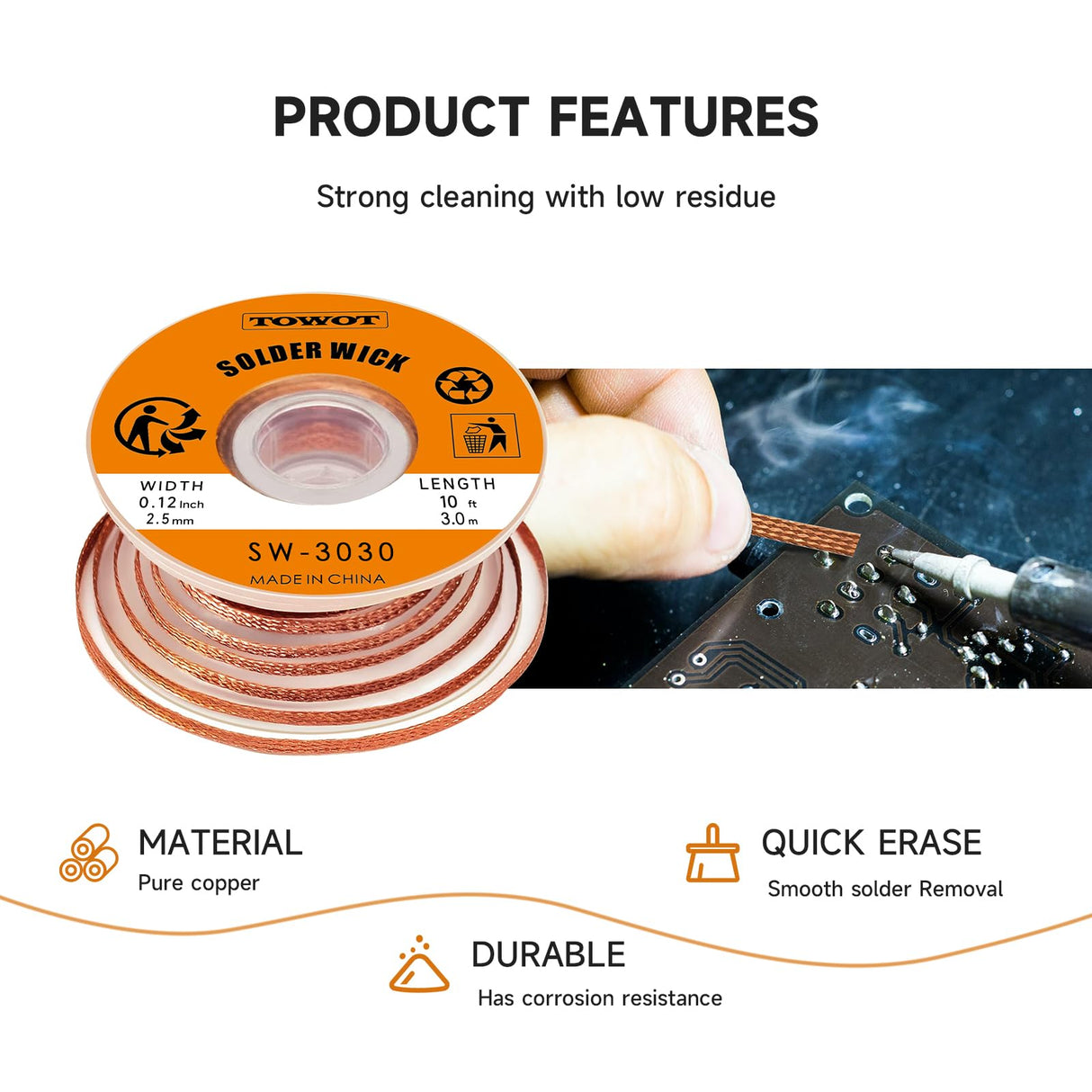 TOWOT Solder Wick Braid With Flux No-Clean Electronic, Desoldering Wick Braid Remover.Desolder Soldering 2.5mm W 0.10'' L 9.8' TOWOT