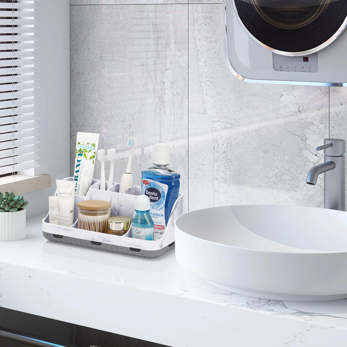 GFWARE Marble Bathroom Countertop Organizer - Detachable 7 Slots Kids Electric Toothbrush and Toothpaste Holde Drainage for Bathroom Accessories Organization Counter Vanity Storage, Grey GFWARE