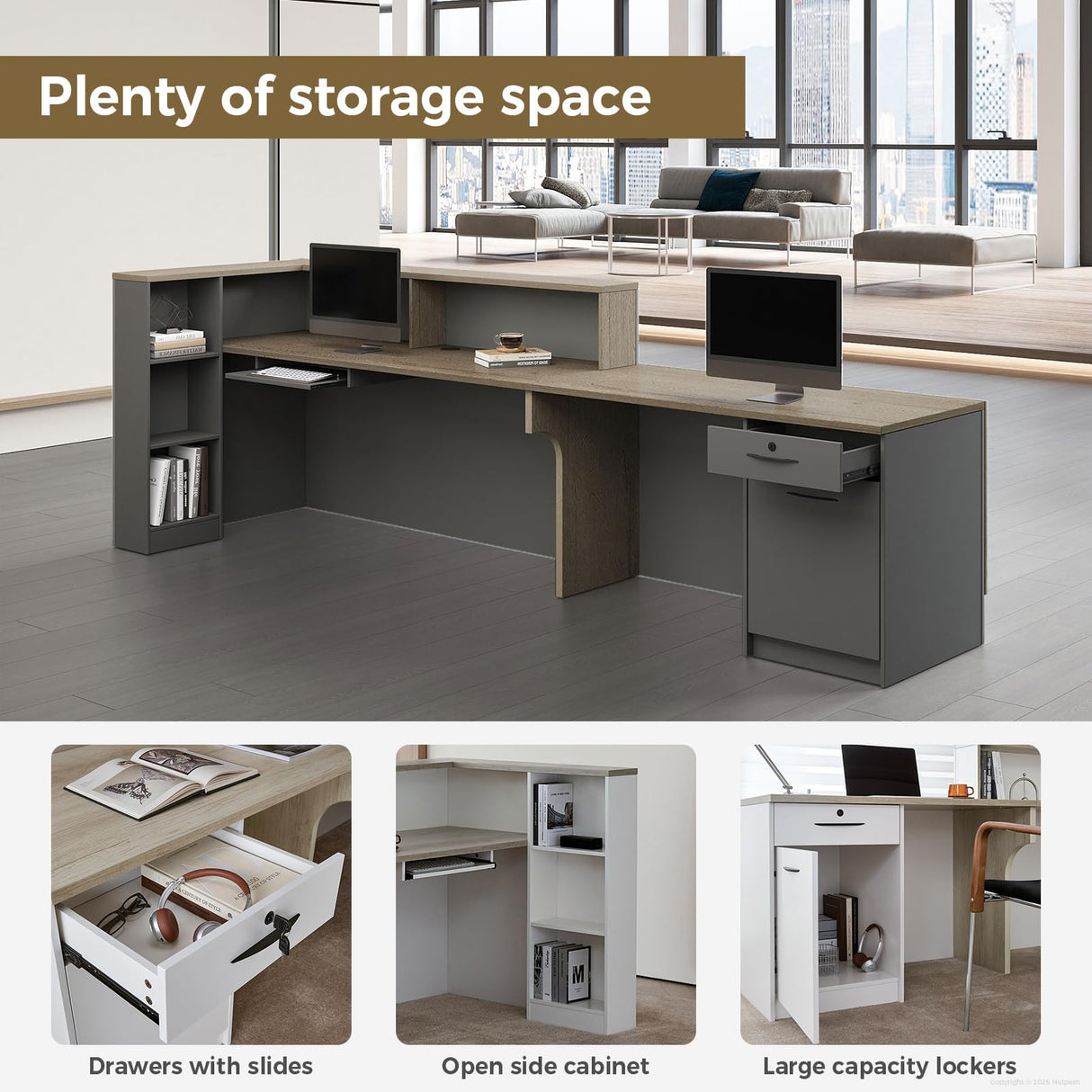 Nuipesn Modern L Shape Reception Desk with Counter – Front Desk Reception Counter with Drawers, Keyboard Tray & Shelves for Office, Salon, Retail, Lobby (Tobacco wood+Iron Gray/Left, 71"L*24"W*41"H) Nuipesn