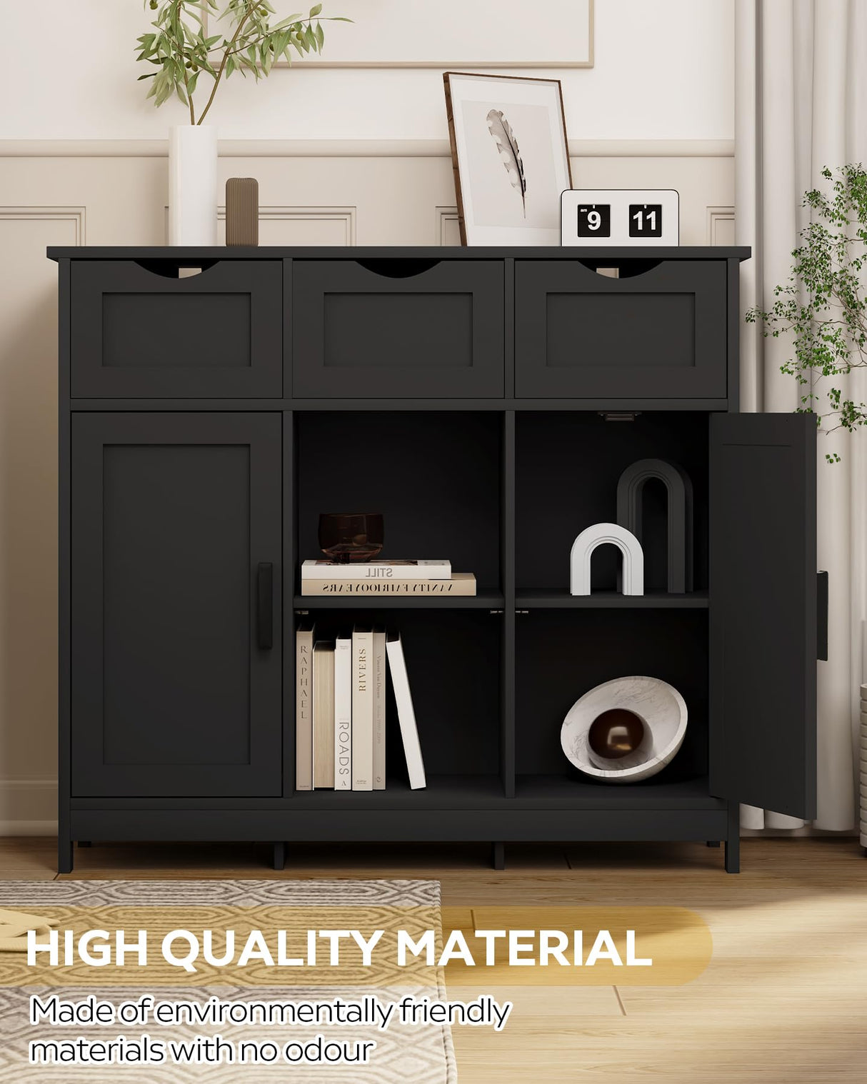 MIRROTOWEL Storage Cabinets,Wooden Floor Cabinet,with Drawers and Shelves Storage Cabinets,Accent Cabinet for Living Room, Bedroom,Bathroom Furniture Home Decor(Black) MIRROTOWEL