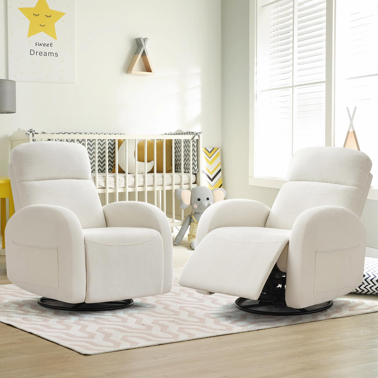 AEMEIOS Swivel Recliner Rocker Nursery, Chenille Nursering Glider Recliner, Manual Swivel Rocking Reclining with Double Pockets for Living Room, Cream White AEMEIOS