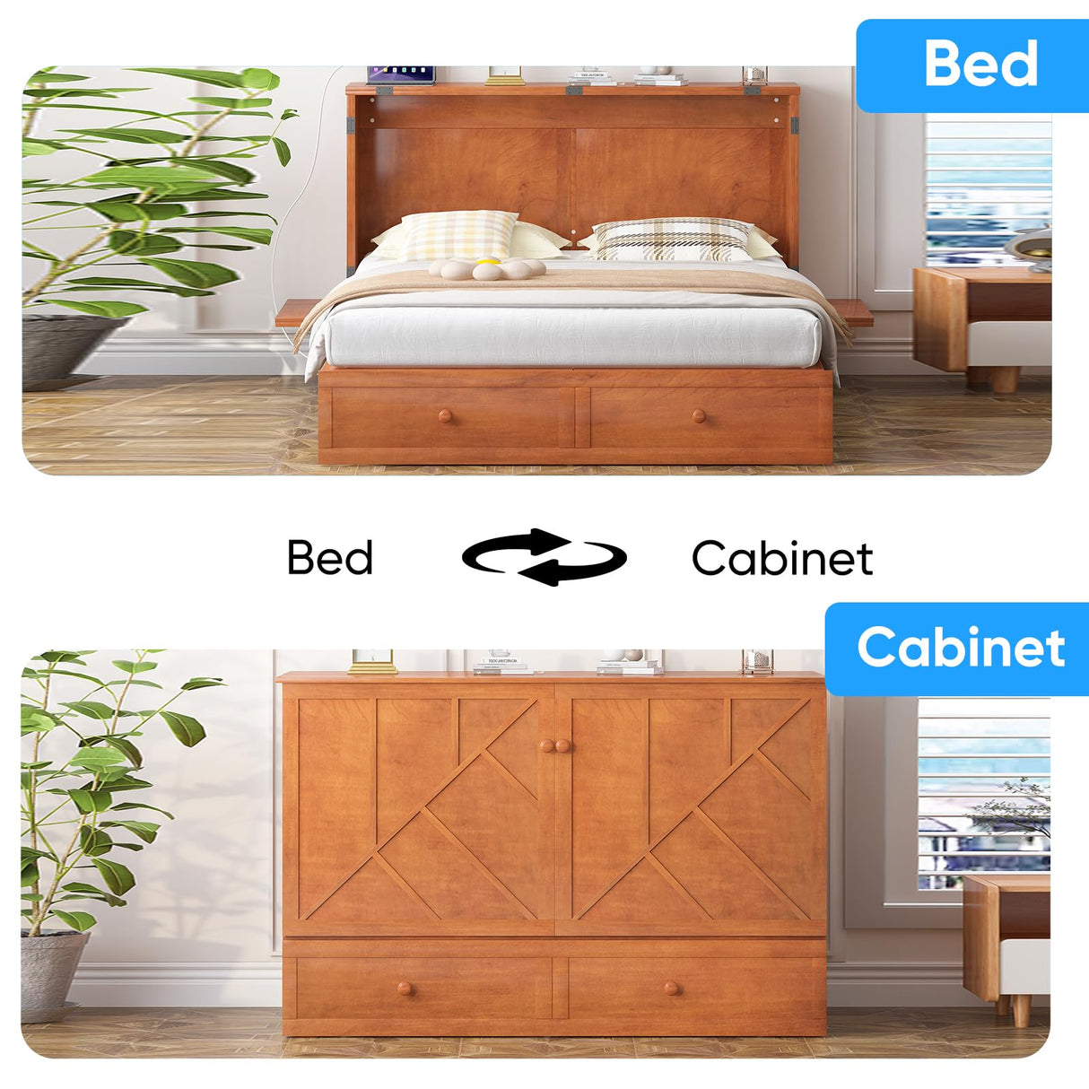 PUREMIND Murphy Bed Queen with Mattress Included - Solid Wood Hideaway Cabinet Bed with 2 Storage Drawers, USB Charging Ports & Headboard - Space-Saving Chest Beds for Home, Guest Room, Cherry PUREMIND