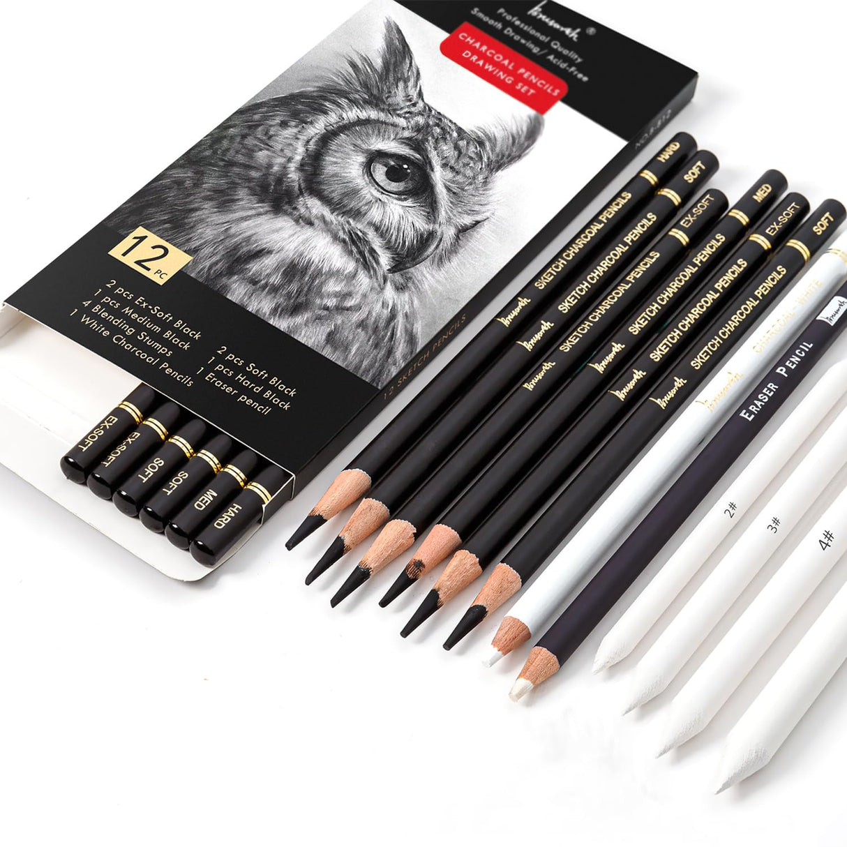 Brusarth Charcoal Drawing Set -12 pc Black charcoal pencils, White Charcoal Pencils, Eraser Pencils, Blending Stumps for Drawing, Sketching, Shading, Artist Pencils for Beginners & Artists Brusarth