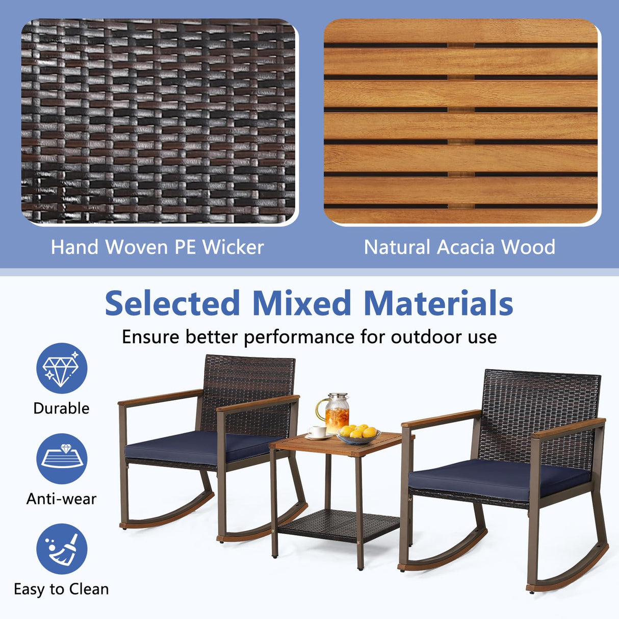 Tangkula 3 Pieces Rocking Bistro Set, Outdoor Rocker Chair with Coffee Table & Cushions, Patio Rattan Furniture Conversation Set for Balcony Porch Poolside (Navy) Tangkula