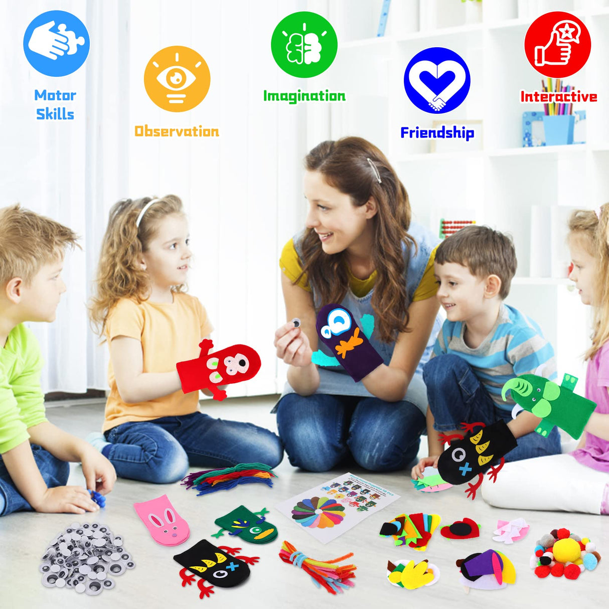 18 Pieces DIY Hand Puppets Making Kit Felt Sock Creative Art Craft Making Your Own Puppets Colorful Pompoms Wiggle Googly Eyes Storytelling Role Play Party Supplies Yaveron