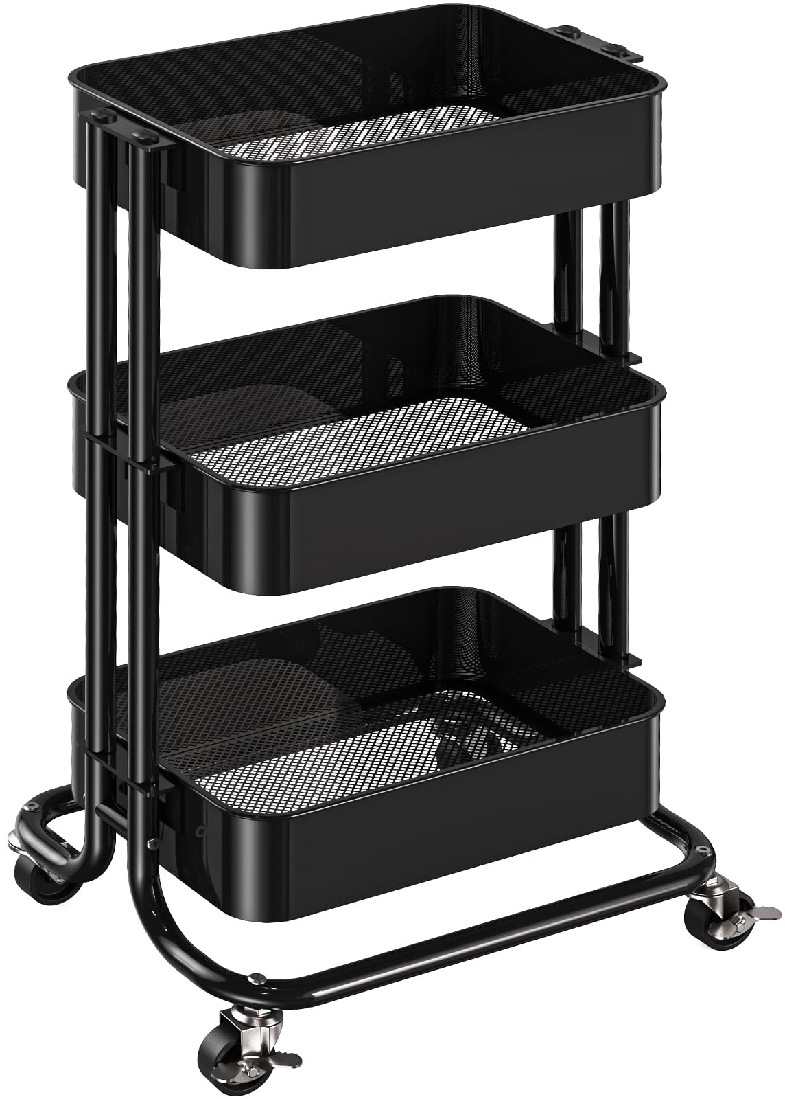 Pipishell 3 Tier Metal Rolling Utility Cart, Heavy-Duty Storage Rolling Cart with 2 Lockable Wheels, Multifunctional Mesh Organization Utility Cart for Kitchen Dining Room Living Room (Black) Pipishell