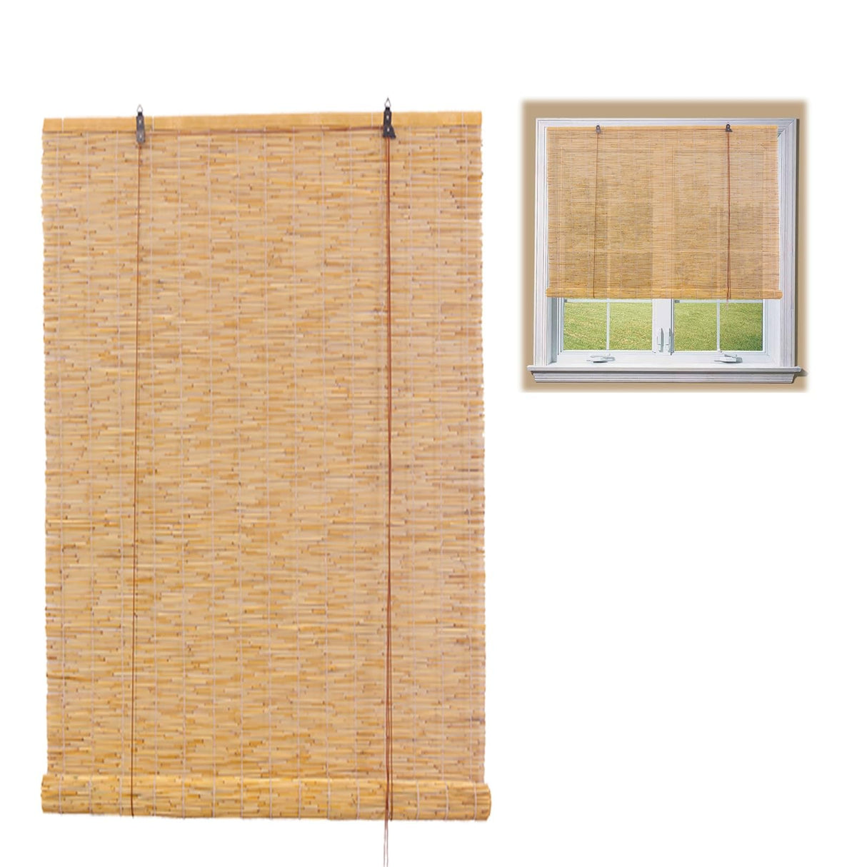 Blackout Bamboo Roman Shades Waterproof Curtains Cordless 16" 28" 36" 42" 48" 56" 62" 70" 74" Retro Bamboo Blinds for Indoor/Outdoor Windows, Porch, Patio, Easy to Install QHDPKU