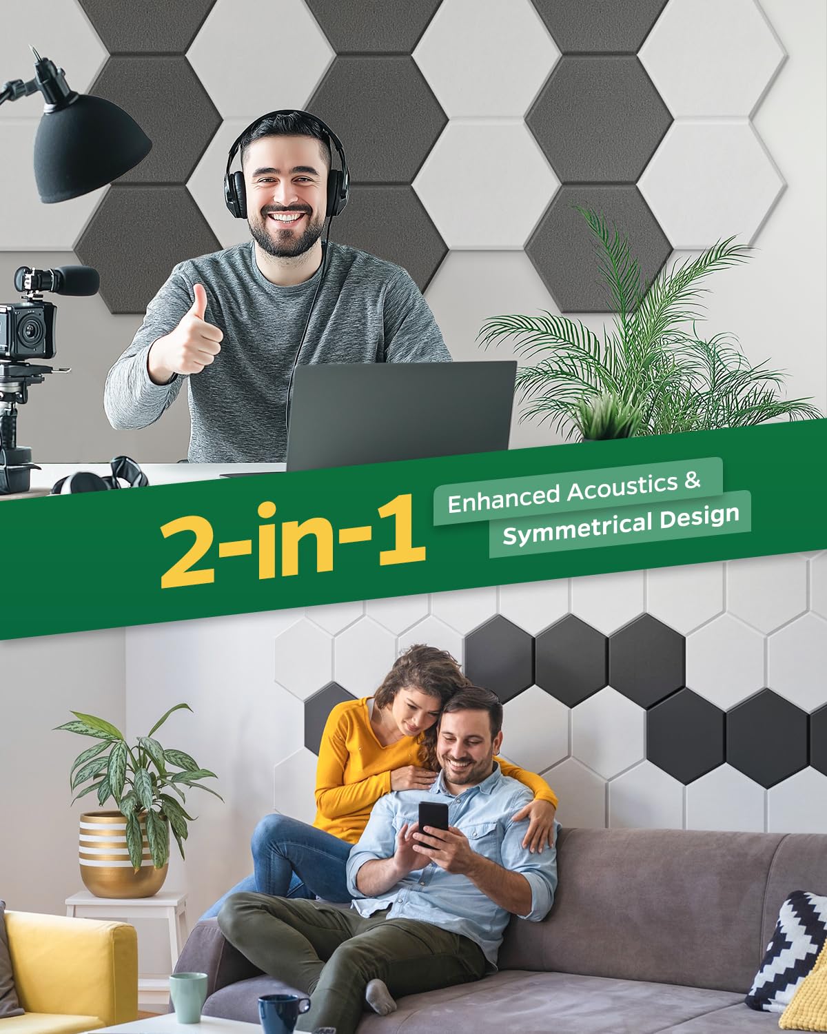 Topnaca Sound Proof Panels for Walls, 12 Pack Hexagon 12''×10''×0.4'' Self-Adhesive Soundproof Wall Panels, High Density Beveled Edge Acoustic Panels for Home, Office, Recording Studio, Room (White) Topnaca