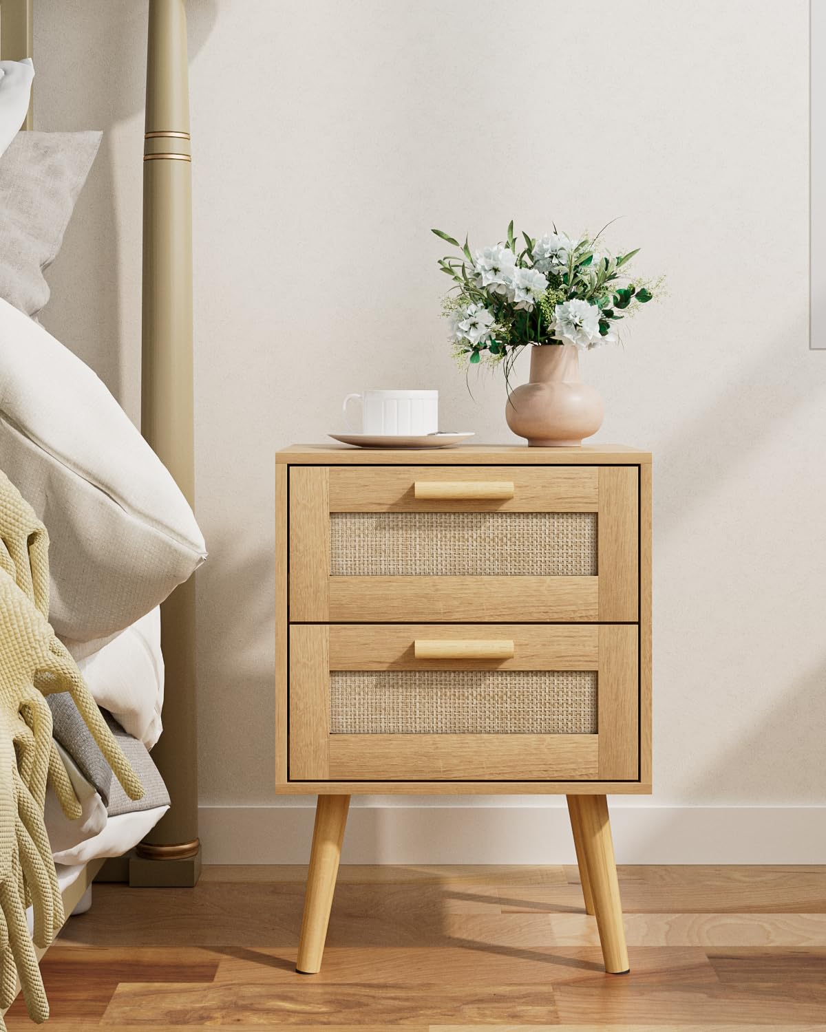 Masupu Rattan Night Stand,Modern nightstand Boho Bedside Table with 2 Drawer,Small End Side Table for Bedroom,Living Room,Office,Natural Masupu
