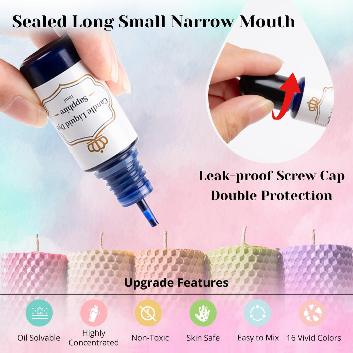 HTVRONT Candle Dye - 16 Vivid Colors Liquid Candle Wax Dye, High Concentrate Candle Dye for Soy Wax, Beeswax, Gel Wax, Palm Wax - 10ml/ 0.35 oz HTVRONT