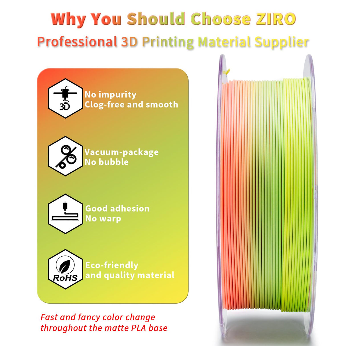 ZIRO 3D Printer Filament, Faster Color Change Filament 1.75mm, Color Gradient Material, No-Shine Rainbow PLA, Dimensional Accuracy +/- 0.03mm, Fit Most FDM Printer 1KG Spool, Tropical (Matte) ZIRO