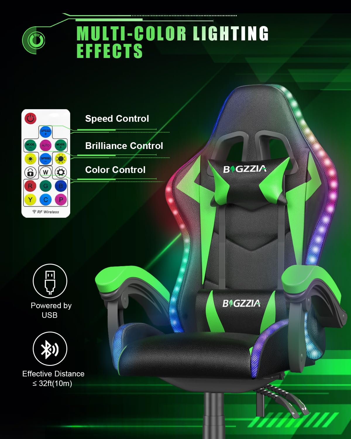 Bigzzia RGB Gaming Chair with LED Lights and Ergonomic Computer Chair Reclining PU Leather High Back Video Game Chair with Headrest Adjustable Lumbar Support Linkage Armrest for Adults (Black/Green) Bigzzia