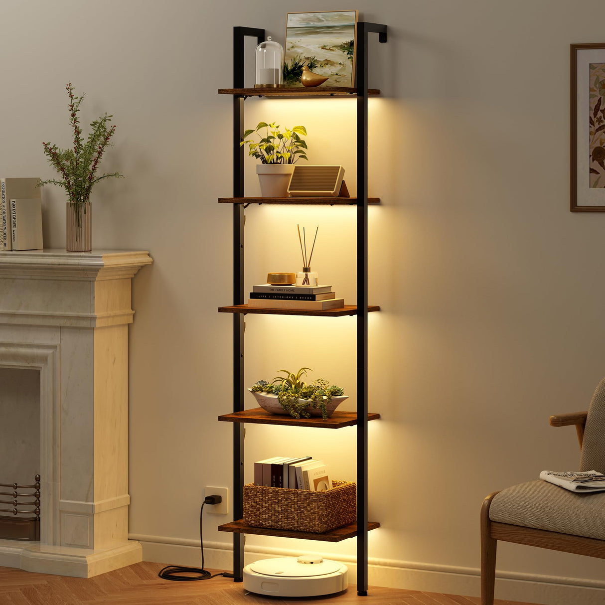 Tajsoon 5-Tier Ladder Shelf with LED Light, Wall Mounted Ladder Bookshelf with Metal Frame, Wall Ladder Bookshelf for Living Room, Bedroom, Office, Rustic Brown Tajsoon