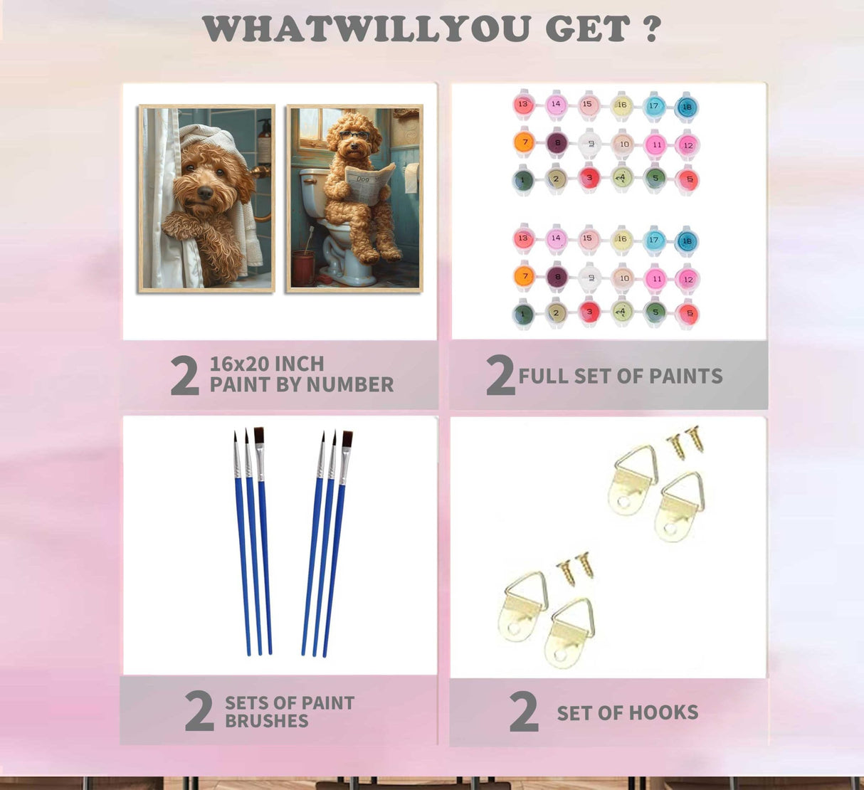 2Pcs Paint by Number Kit 16x20inch Adults Cute Curly Dog Bathroom Scenes DIY Painting Set with Pre - Numbered Canvas, Funny Puppy Art for Home Decor Gift Generic