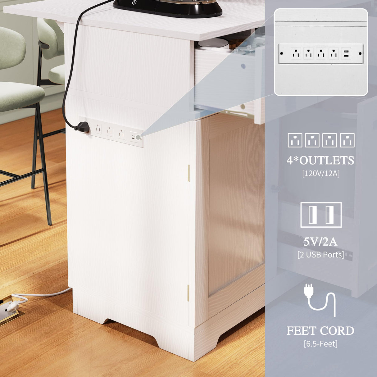 DWVO Kitchen Island with Drop Leaf, 59" Large Mobile Storage Islands with Power Outlet, Double Pull-Out Trash Can Cabinets Fits 10-Gal Garbage Bin, Rolling Kitchen Cart with Spice & Towel Rack, White DWVO