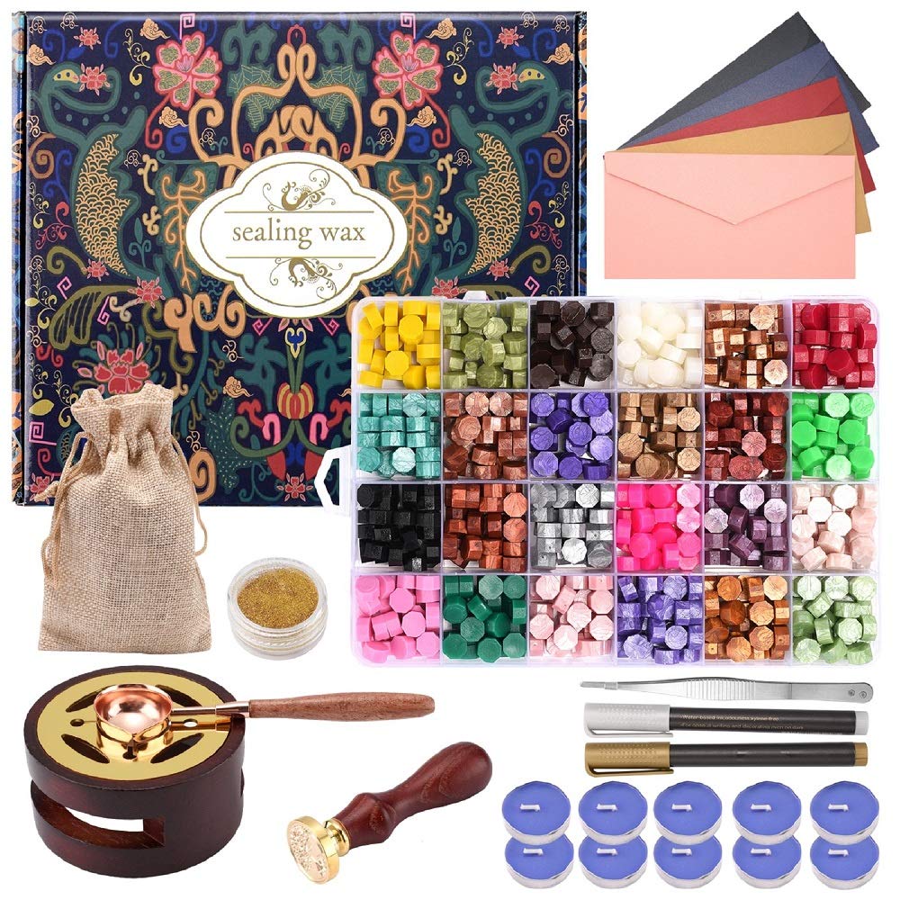 CHUHUAYUAN Wax Seal Stamp Kit - 24 Colors, 624 Pcs Stamp Beads, Sealing Wax Warmer, Metallic Pen & Envelope, Gift & Decoration Set CHUHUAYUAN