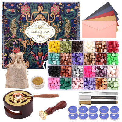 CHUHUAYUAN Wax Seal Stamp Kit - 24 Colors, 624 Pcs Stamp Beads, Sealing Wax Warmer, Metallic Pen & Envelope, Gift & Decoration Set