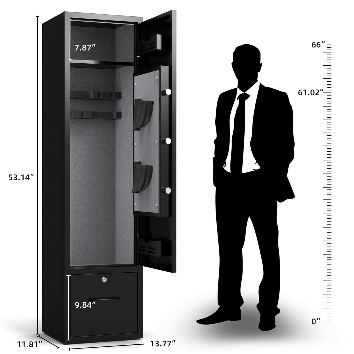 Emasme 5 Gun Cabinets for Rifles and Shotguns, Biometric Long Gun Safe with Pocket Knife Storage, Assembled Gun Cabinet with Locker Drawer, Removable Shelf, LED Light, Pistol Pouches Emasme
