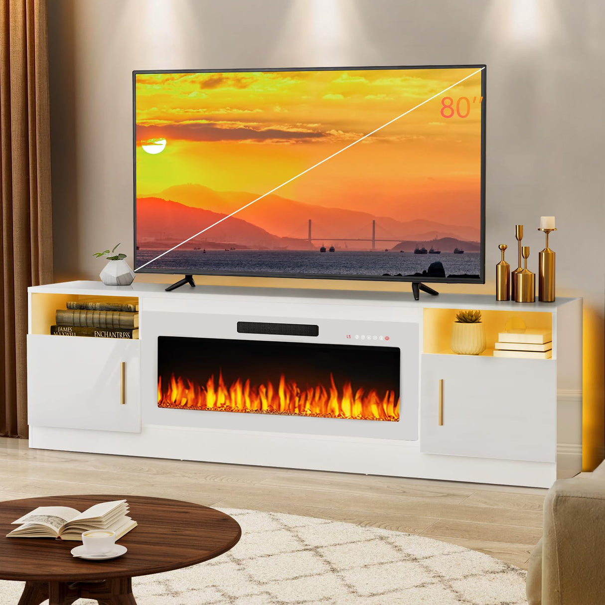 LEMBERI Fireplace tv Stand with 36 inch White Fireplace Up to 80" TVs,LED Light Entertainment Center and Storage, 70" Modern Wood Media TV Console with Highlight Cabinet for Living Room LEMBERI