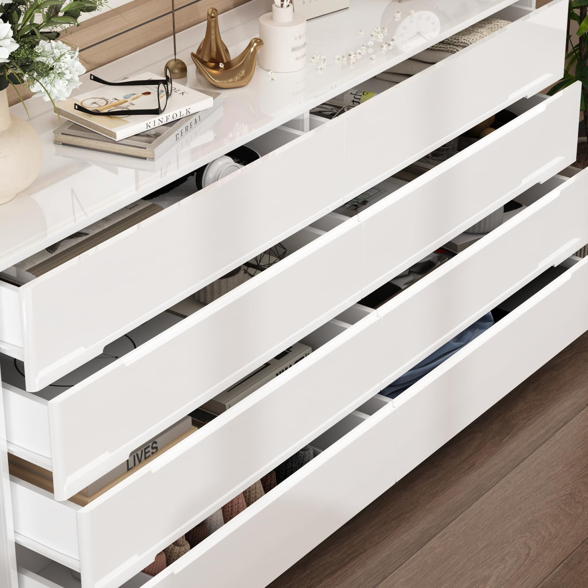 FUFU&GAGA Glossy Dresser with Lights, White Chest of Drawers, High Gloss Modern 8 Drawer Storage, 63” Wide Double Dressers for Bedroom Living Room Hallway, 63”W x 15.7”D x 30.9”H FUFU&GAGA