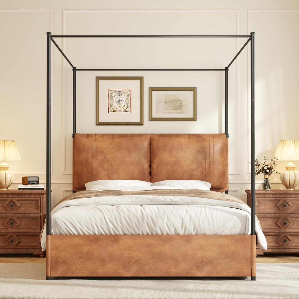 Modern Canopy Bed Frame with Upholstered Faux Leather Headboard – Tall Four Poster Metal Platform Bed, No Box Spring Needed, Queen Size, Brown and Black SAMTRA