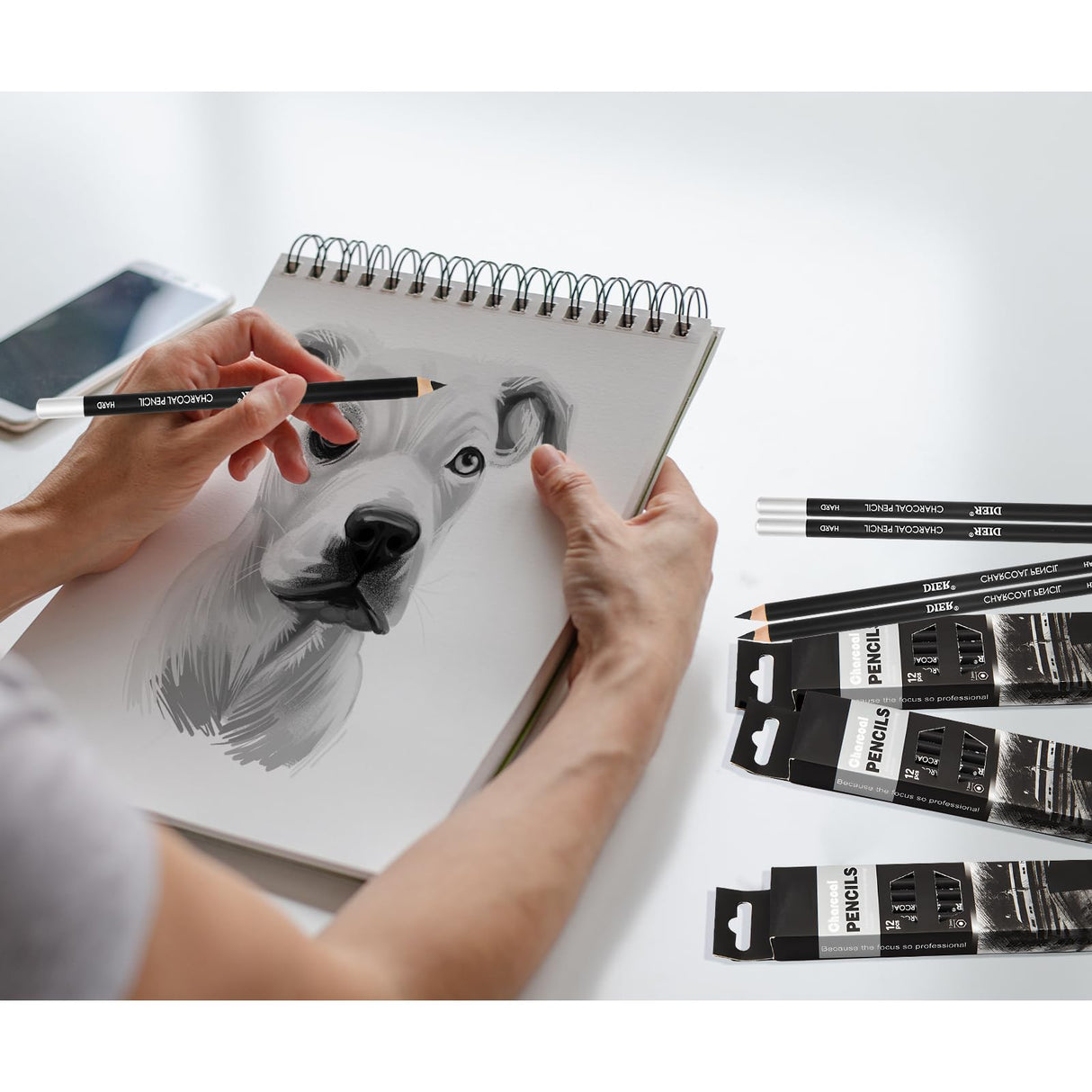 Geyoga 180 Pcs Professional Charcoal Pencils Drawing Set Soft Medium and Hard Charcoal Sketch Drawing Pencils for Beginners Artists Shading Sketching Geyoga