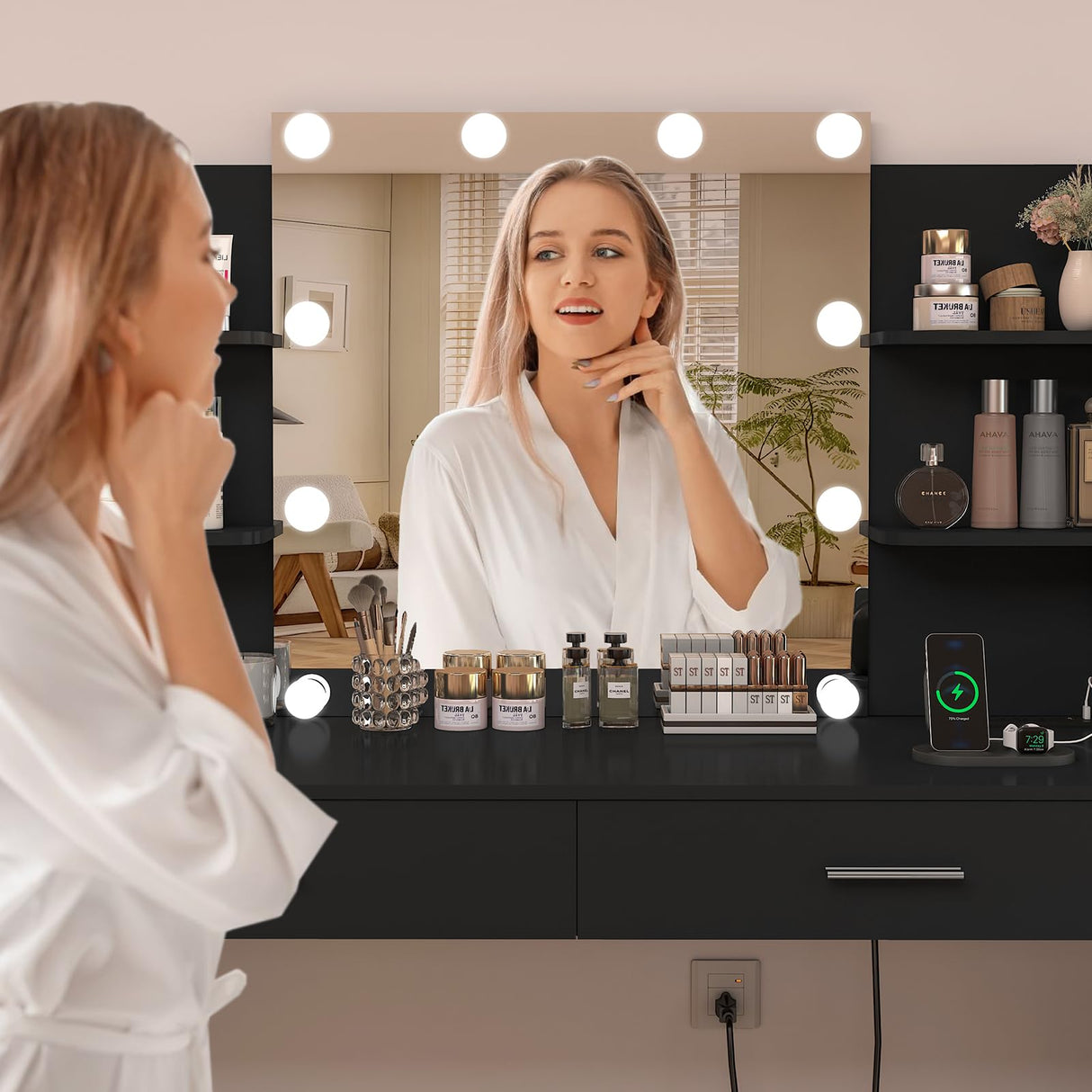 FIONESO Vanity Desk, Makeup Vanity Desk with Mirror & Lights, Vanity Desk with 2 Drawers & 6 Storage Shelves, Dressing Table with Power Outlet, for Women Girls, Bedroom, Black FIONESO