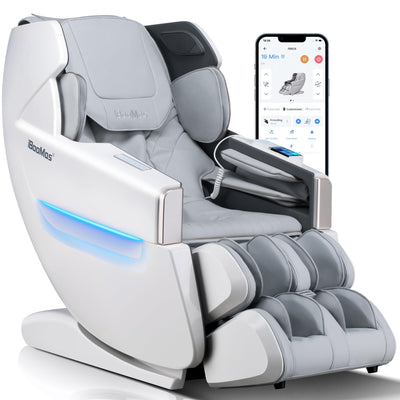 iBooMas 2025 Massage Chair Full Body, Zero Gravity Massage Chair Recliner with SL-Track, Upgraded Auto-Extend Footrest, Foot Rollers, App Favorite Function, Body Scan, Airbags, Heat(White+Grey)