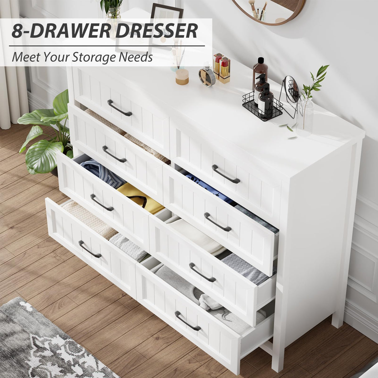 Jocoevol Farmhouse Dresser 8 Drawer Dresser for Bedroom, Large Wooden Dressers Double Grey Dresser with Deep Drawers Dressers for Hallway, Entryway (White) Jocoevol