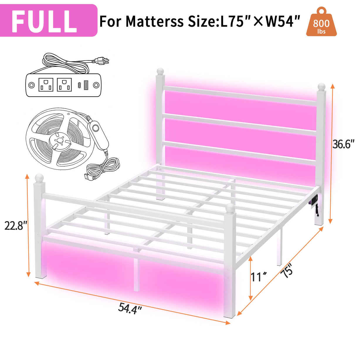 CLIBFENG Full Size Bed Frame with Headboard and Footboard,Steel Slats Support-LED Bed Frame with USB Charging Station,Mattress Foundation-Under Bed Storage,No Box Spring Needed,Noise Free,White CLIBFENG