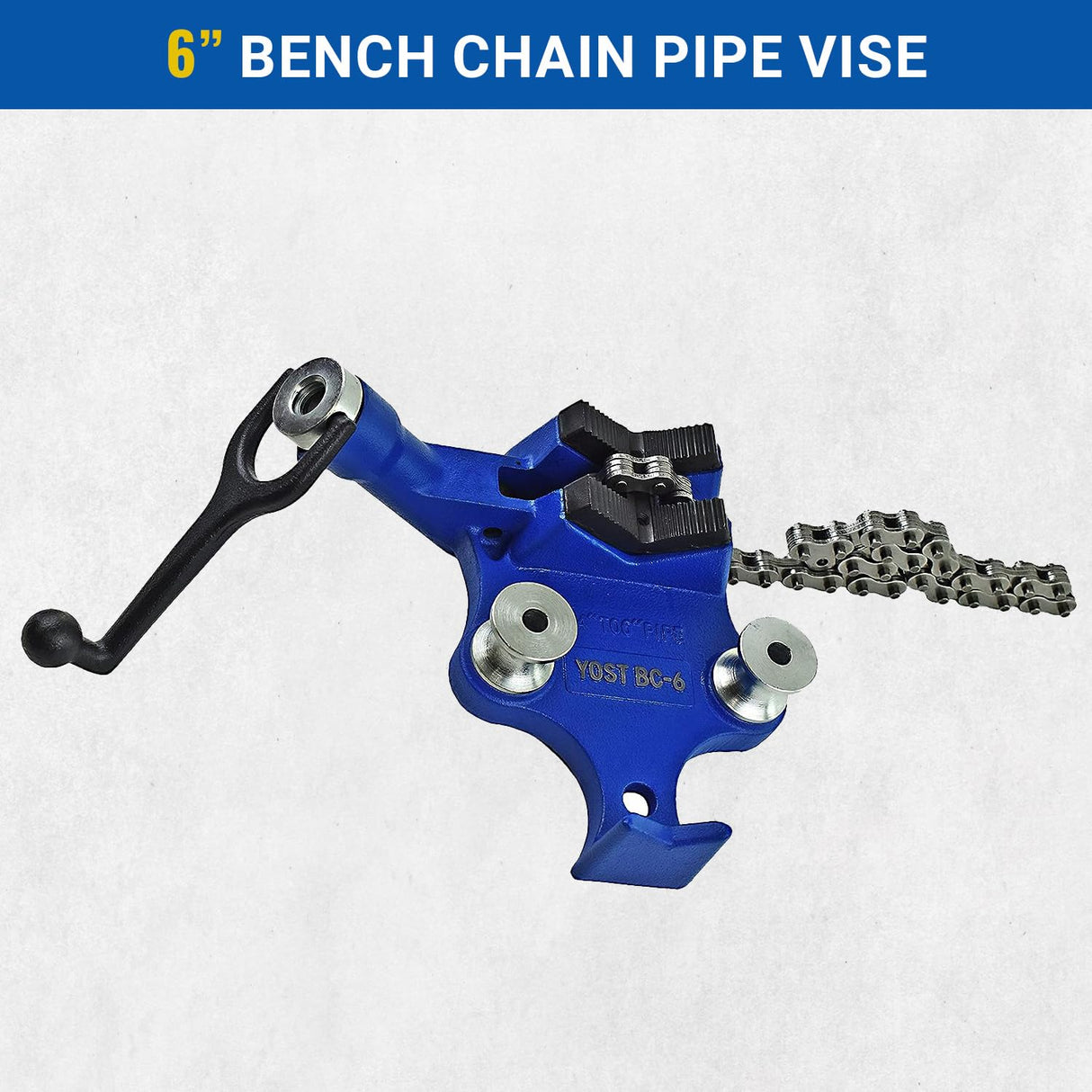 Yost Vises BC-6 Bench Chain Vise | 1/4 Inch to 6 Inch Pipe Clamp Capacity | Work Bench Vise | Heavy Duty Cast Iron Body and Durable Leg Chain | Blue Yost Tools