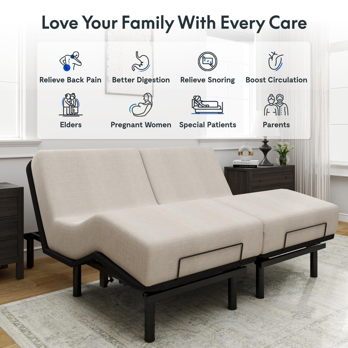 FLEXISPOT Adjustable Bed Frame Base Split King,Segmented Design,Easy Assemble,Oxford Fabric Bedspread,Wired Remote,Whisper Quiet Durable Motor,Mattress Holder. FLEXISPOT