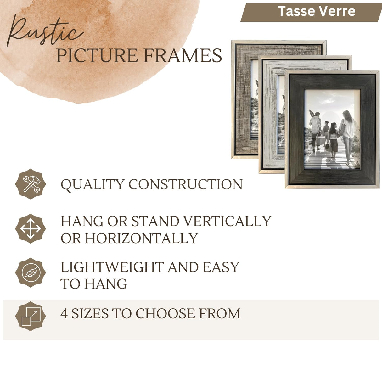 Tasse Verre 5x7 Rustic Picture Frames 3-Pack, Distressed Farmhouse-Style Table Frame, Brushed Industrial Silver Metal Look Frame with Wood Looking Insert, Ready-to-Hang Hooks. Tasse Verre