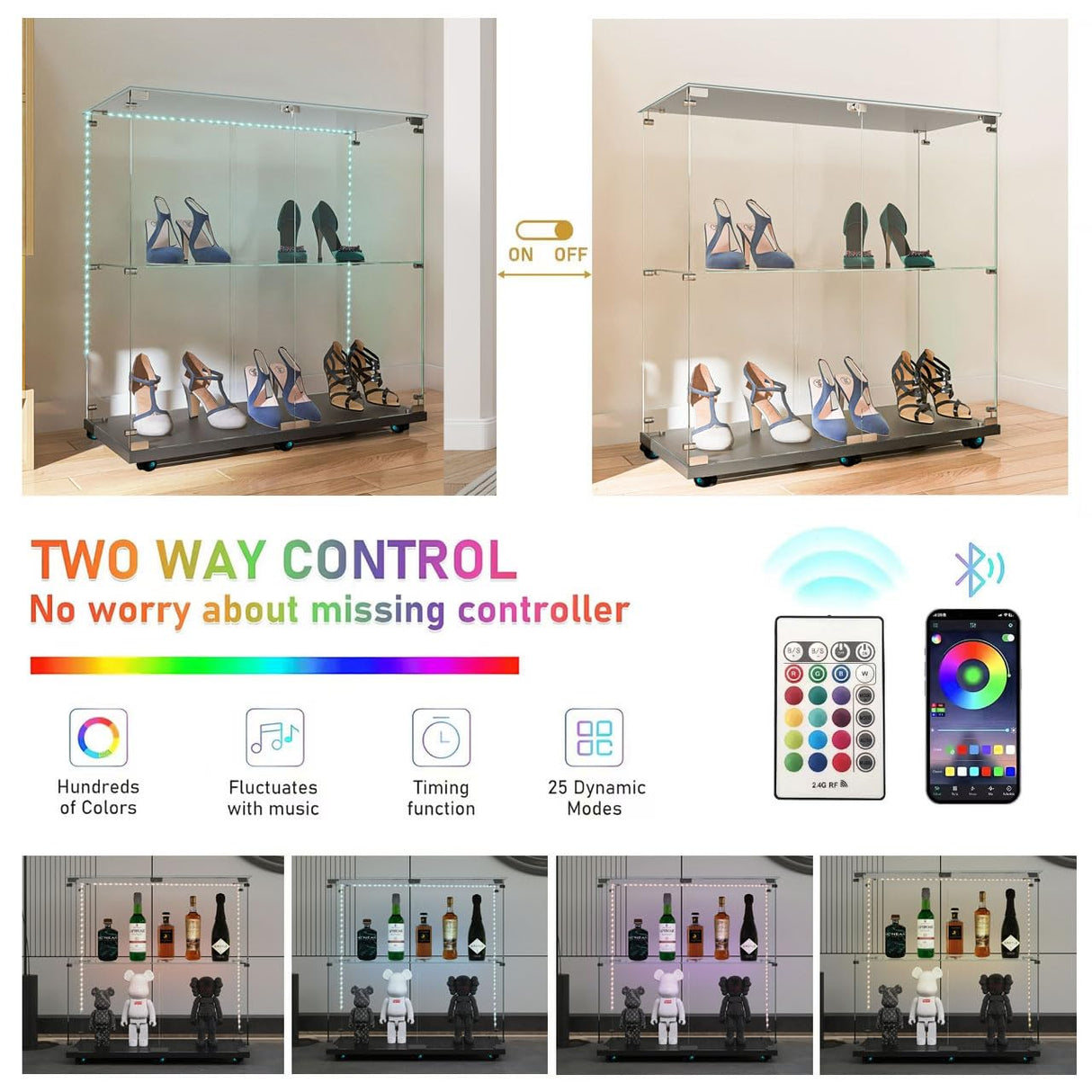 Yoluckea 2 Tiers Glass Display Cabinet with Bluetooth LED Light Strip, 2 Doors Floor Standing Curio Cabinet with Universal Wheel for Home, Black Glass Bookshelf for Collections, Clear Top Yoluckea