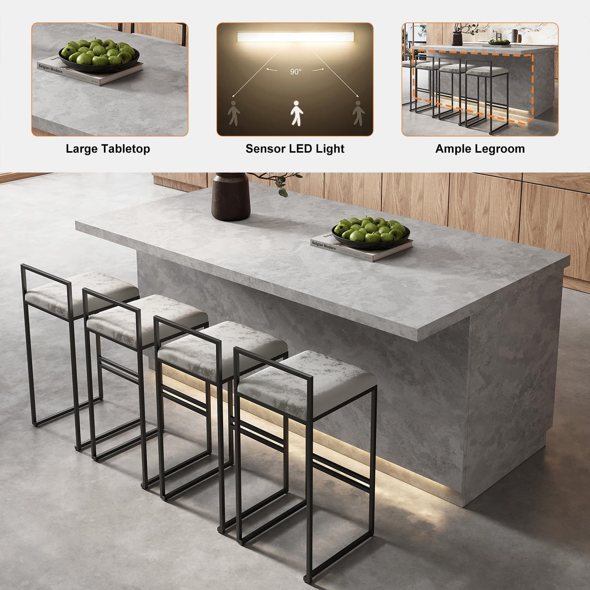 homary 72'' Kitchen Island with Storage Japandi Style Wood Kitchen Islands with Seating and LED Light in Gray homary