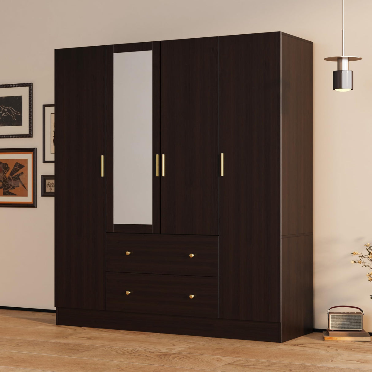 AGOTENI Large Bedroom Wardrobe Closet with 1 Mirror & 2 Drawers, 70.9" H Tall Armoire Clothes Closet with Doors and Shelves, Hanging Rod, Dark Brown AGOTENI