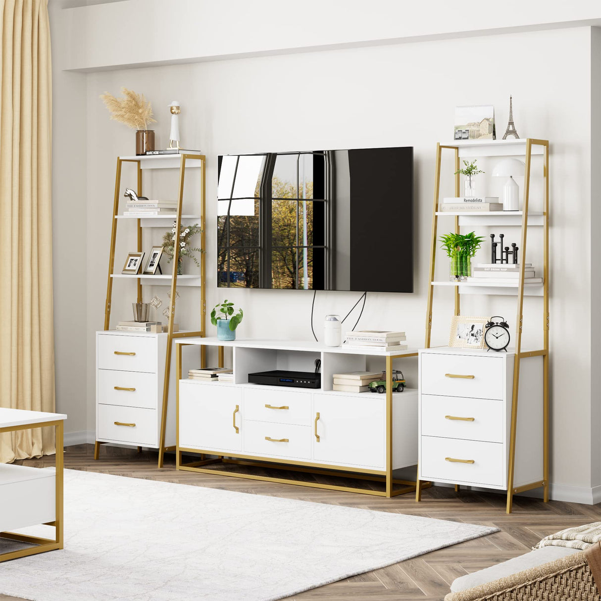 HITHOS 4-Tier Bookshelf, Tall Bookcase with 3 Wooden Drawers, Modern Ladder Book Shlef Storage Organizer for Living Room, Entryway, Office, White Gold HITHOS