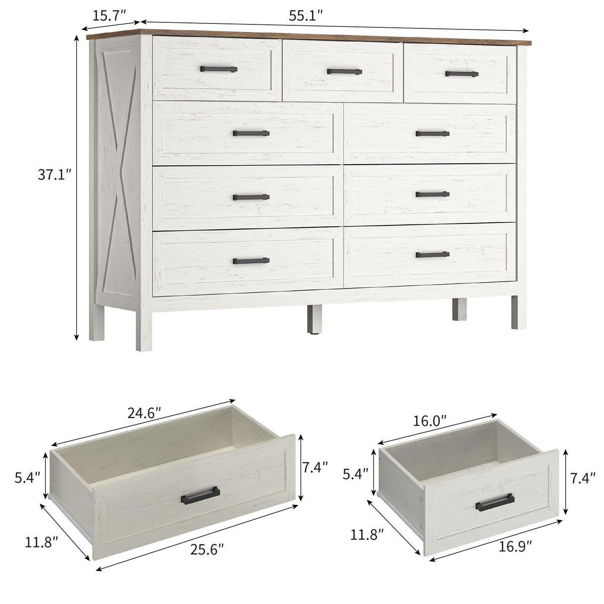BAZELOR Farmhouse 9 Drawers Dresser for Bedroom, 37 Inch Tall Wood Rustic Wide Chest with Natural Texture, Large Dressers for Bedroom, Hallway, Entryway, Antique White BAZELOR