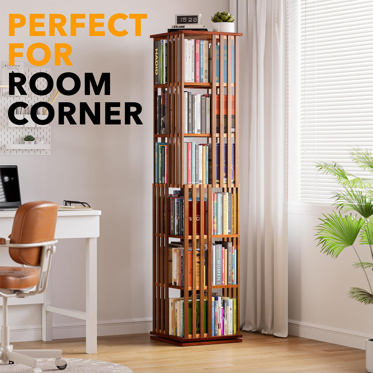 SpaceAid 6 Tier Rotating Bookshelf Tower, Bamboo Spinning Book Shelf, Revolving 360 Bookcase Storage Swivel Round Carousel, Vertical Rotate Turning Spiral Corner Organizer (6-Tier Walnut) SpaceAid