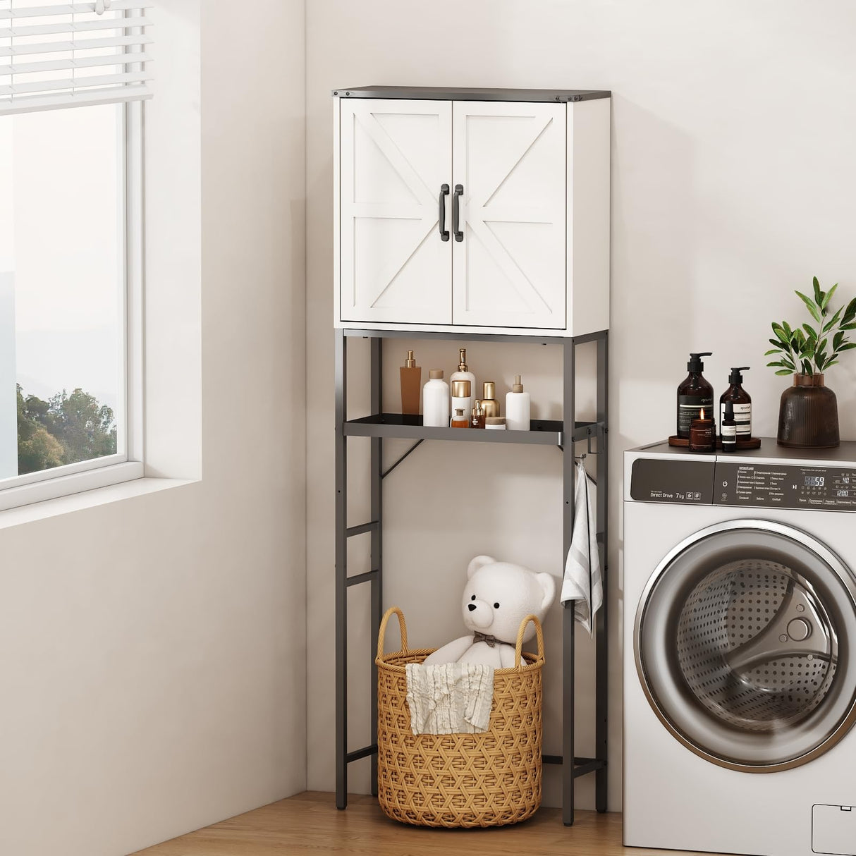 Timboniture Over The Toilet Storage Cabinet, Bathroom Above Toilet Cabinet Organizer with Doors and Adjustable Shelves, Bathroom Shelf Organizer with Anti-Tip Device & Drain Rack, White Timboniture