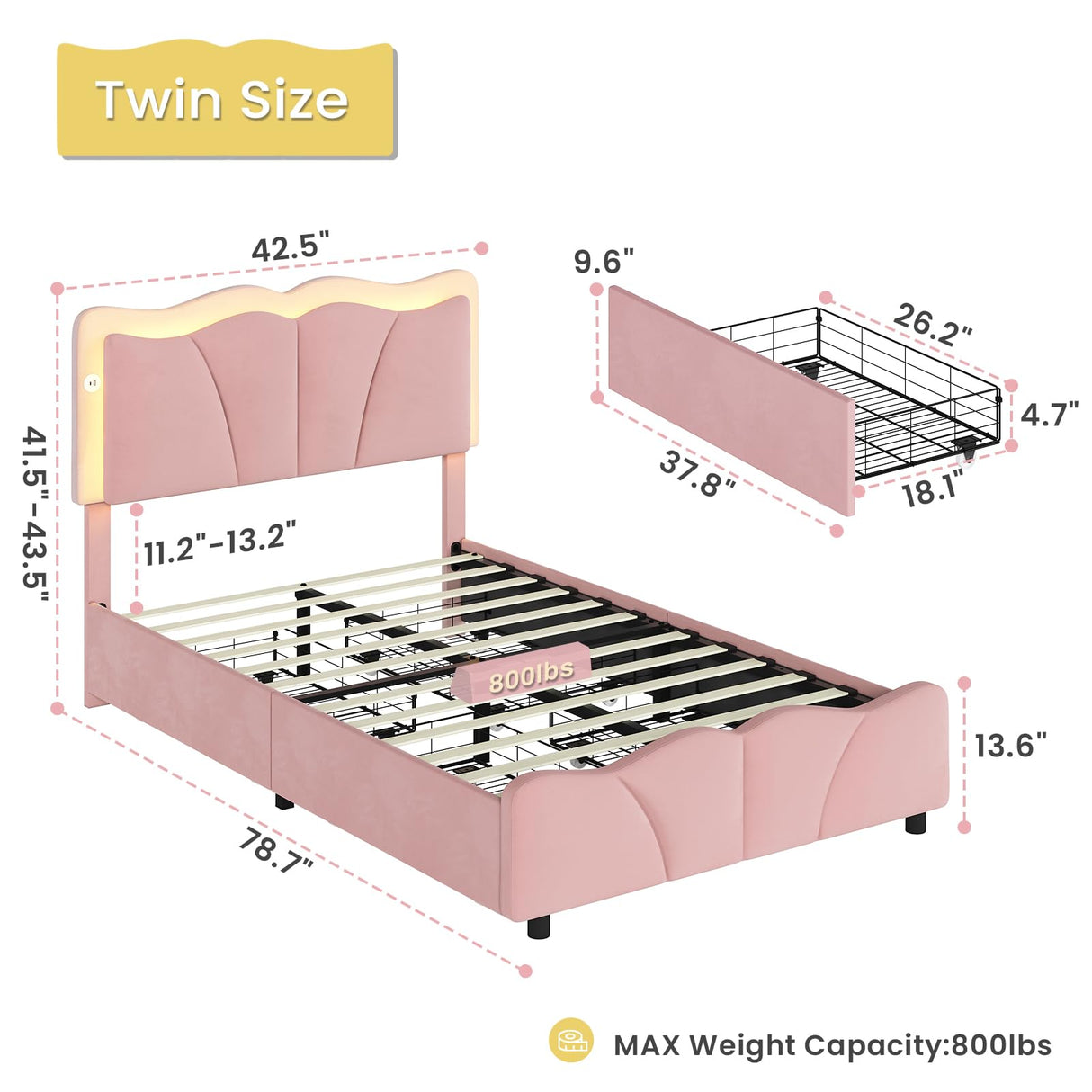 AOGLLATI Twin Bed Frame with 4 Storage Drawers & Charging Station,Upholstered Led Flower Twin Bed with Adjustable Headboard and Strong Wood Slat Support,No Spring Box Needed, Pink AOGLLATI