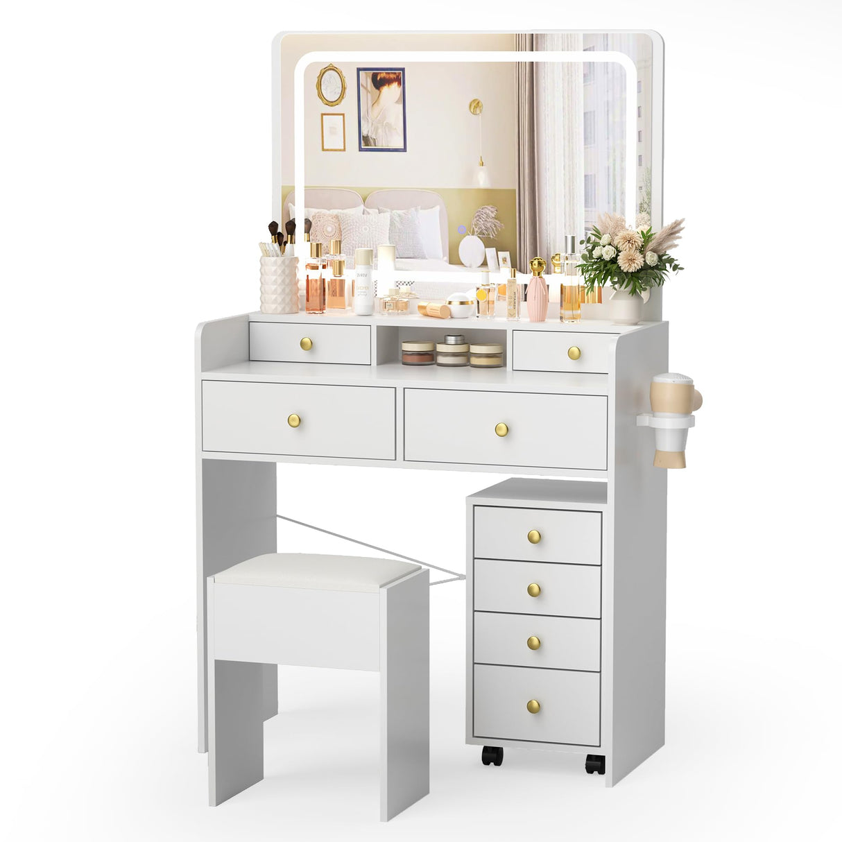 Pamapic Mobile File Cabinet Vanity Desk with Mirror and Lights, 8 Drawers Makeup Vanity Desk with Lights and Upgraded Silent Slides, 3 Lighting Modes Makeup Vanity with Charging Station, White Pamapic