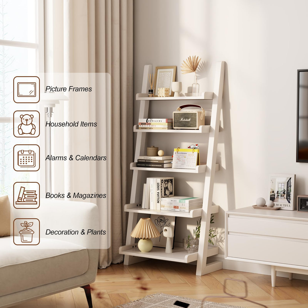 AQIMUELE White Wooden Ladder Shelf with Edges, 5-Tier Modern Leaning Bookshelf Ladder – Stylish Space-Saving Bookcase for Living Room, Bedroom & Home Office AQIMUELE